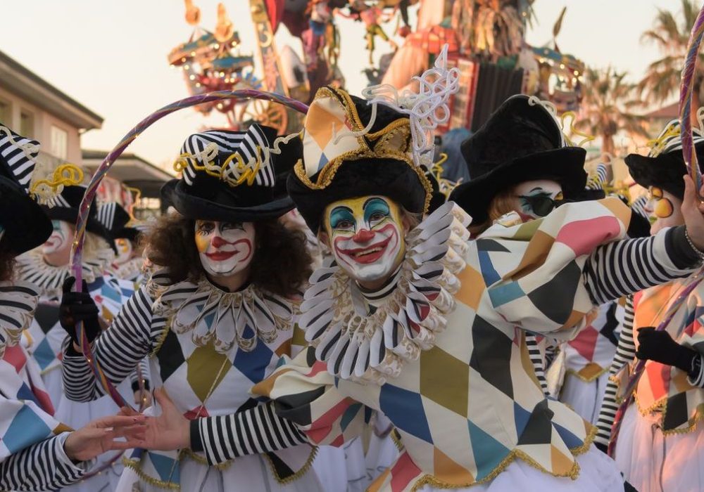 Viareggio, Italy - February 12, 2023:  Carnival of Viareggio, 2nd course of 150th edition, the floats parade along the seafront crowded with people