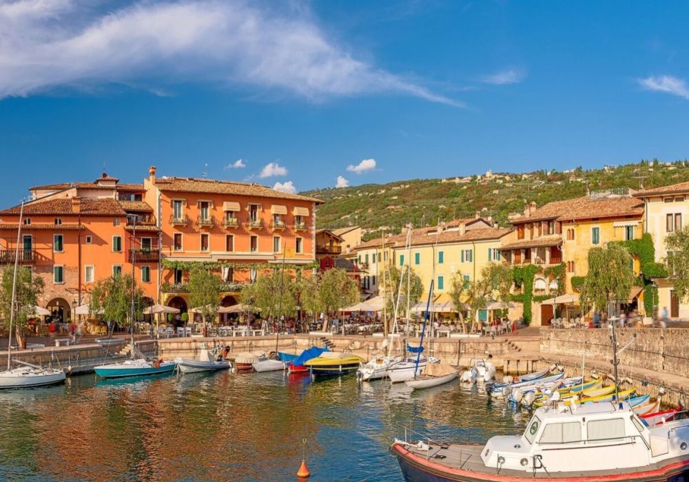 Old port of Torri del Benaco in the Italian region Veneto on the eastern coast of Lake Garda in northern Italy